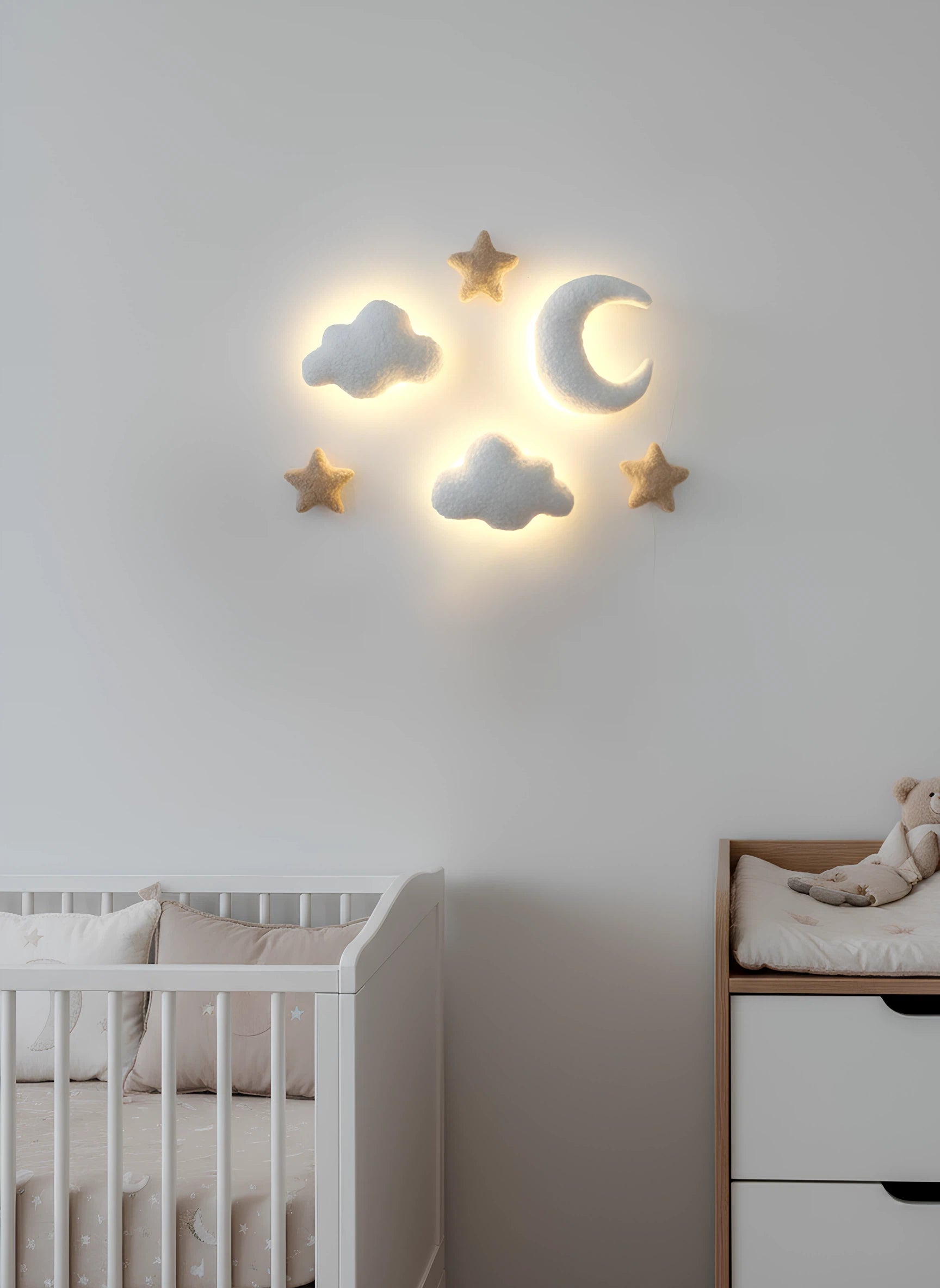 Moon cloud nursery light – handmade boucle wall light with remote