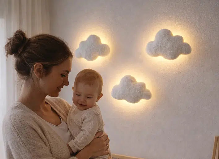 Handmade boucle cloud night light for nursery – soft warm LED wall lamp collection