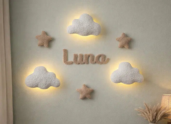 Personalized nursery night light with baby name – handmade boucle cloud wall lamp