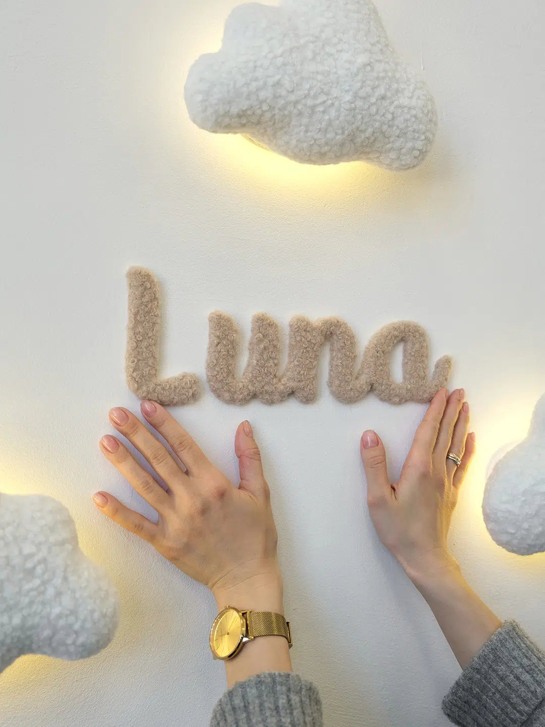 Personalized baby girl night light – boucle cloud nursery wall lamp with name