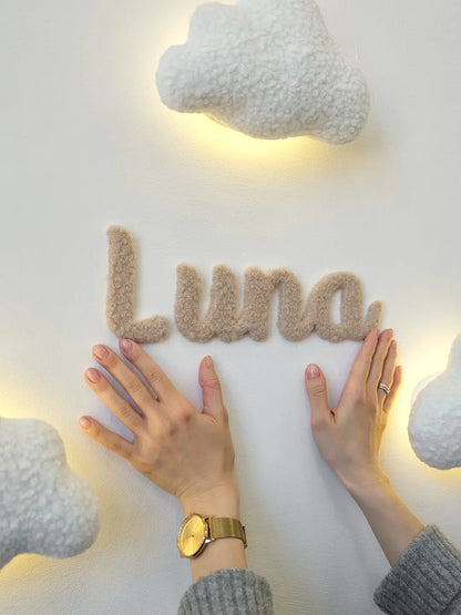 Personalized baby girl night light – boucle cloud nursery wall lamp with name