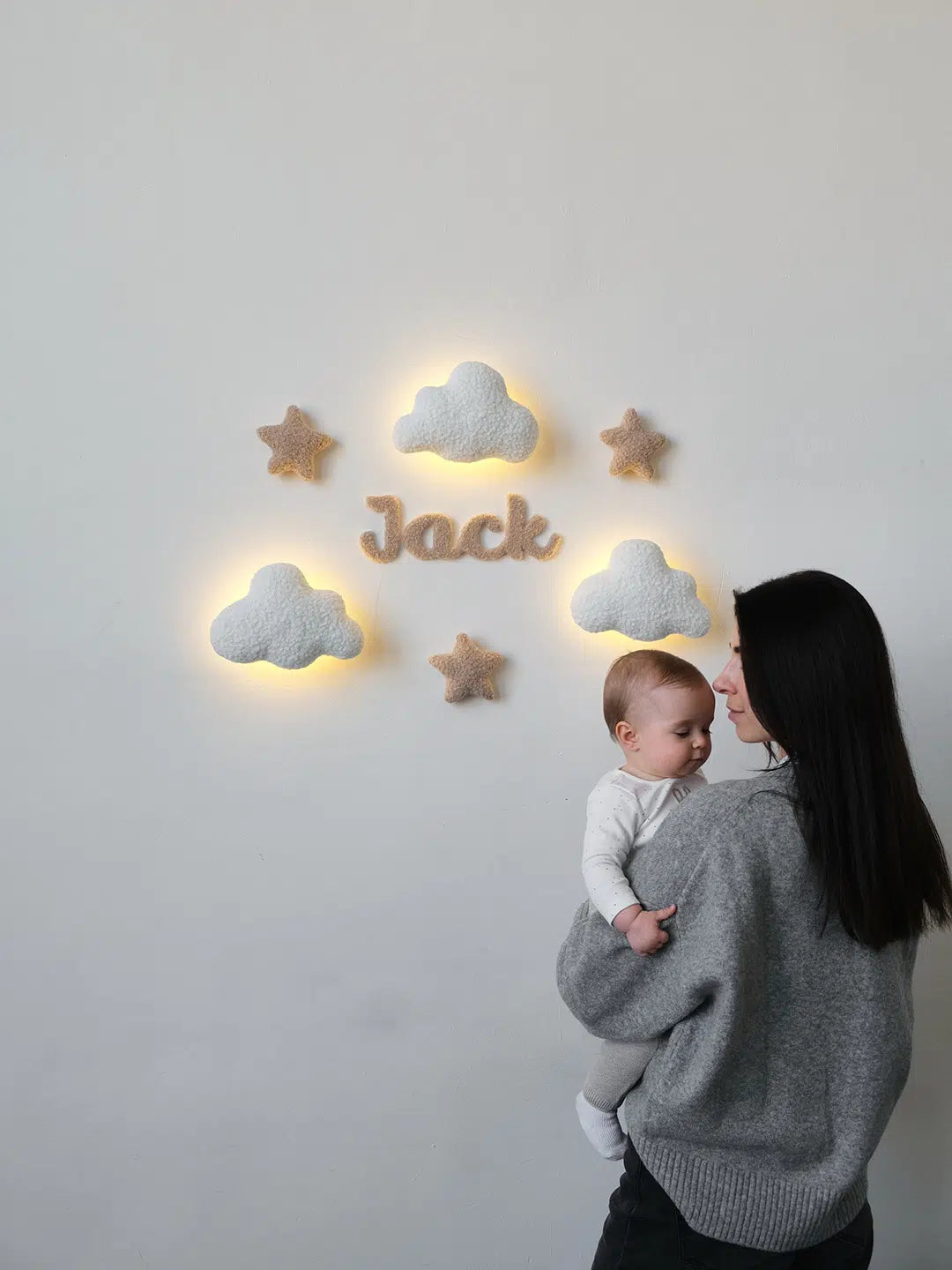 Personalized cloud night light for baby girl – script name in boucle fabric