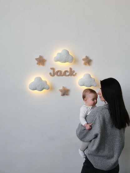 Personalized cloud night light for baby girl – script name in boucle fabric