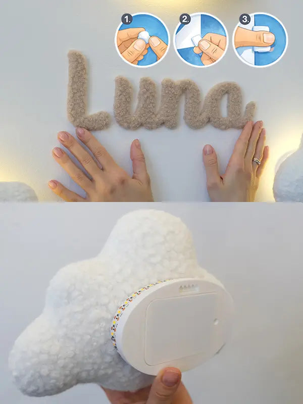 How to mount and personalize boucle cloud night light — sticky tape wall mounting steps and battery compartment on back of handmade nursery lamp