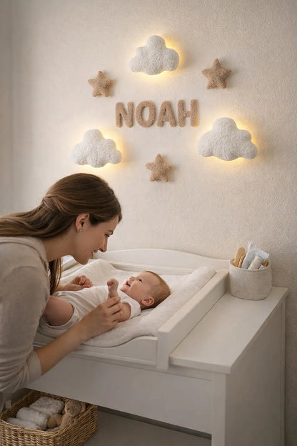 Personalized nursery wall light – handmade boucle cloud with baby name