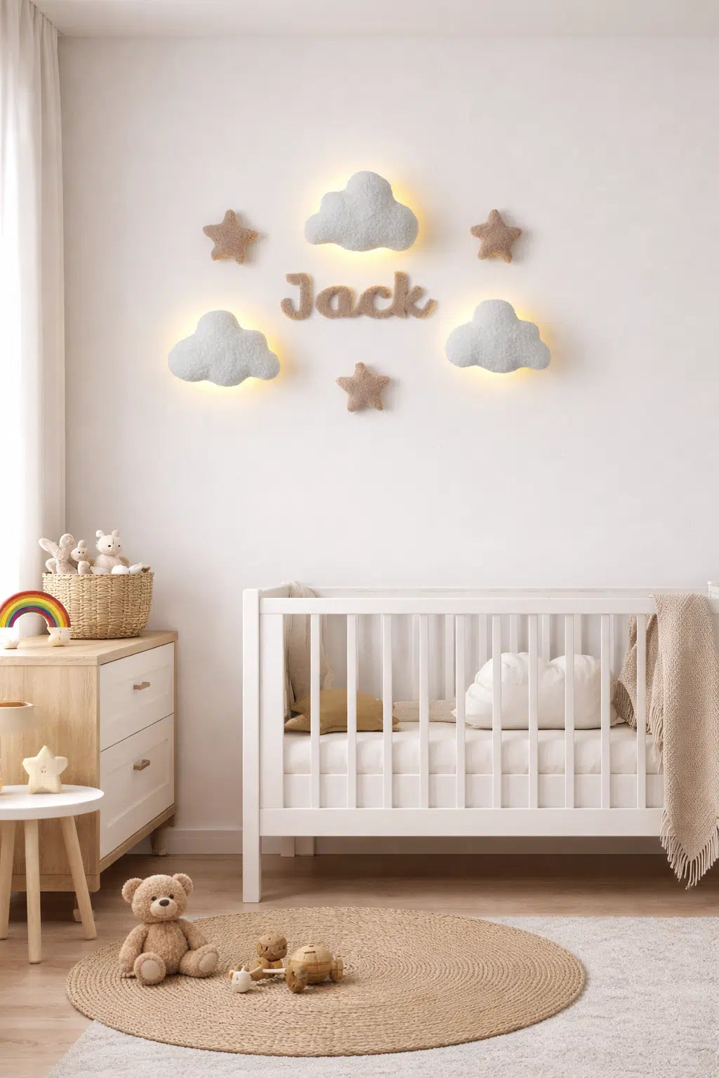 Personalized nursery wall light with script name – handmade boucle cloud lamp