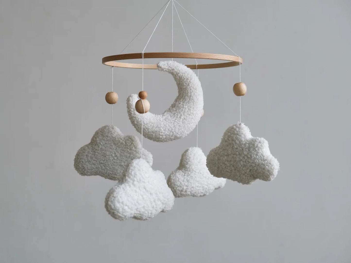 White boucle cloud and moon baby mobile with natural wooden ring and beads
