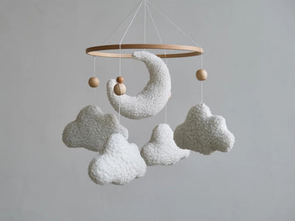 White boucle cloud and moon baby mobile with natural wooden ring and beads