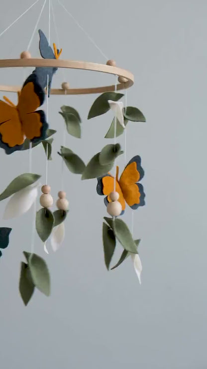 Video of felt baby mobile with monarch butterflies and leaves – handmade nursery crib mobile