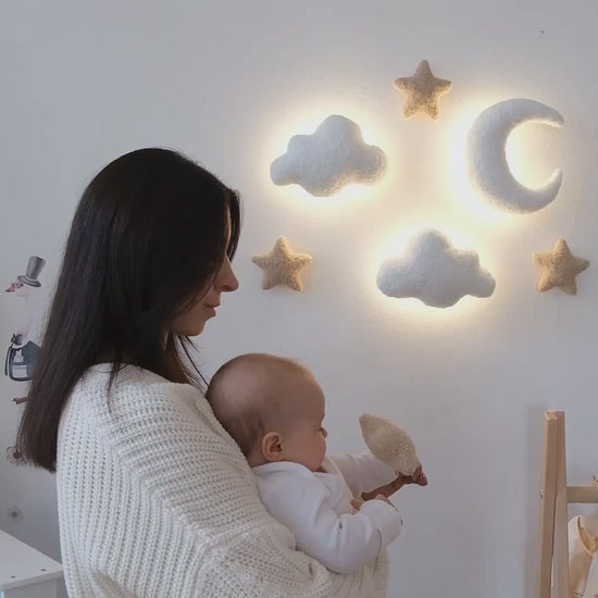 Cloud shaped night light nursery – set of boucle cloud wall lamps