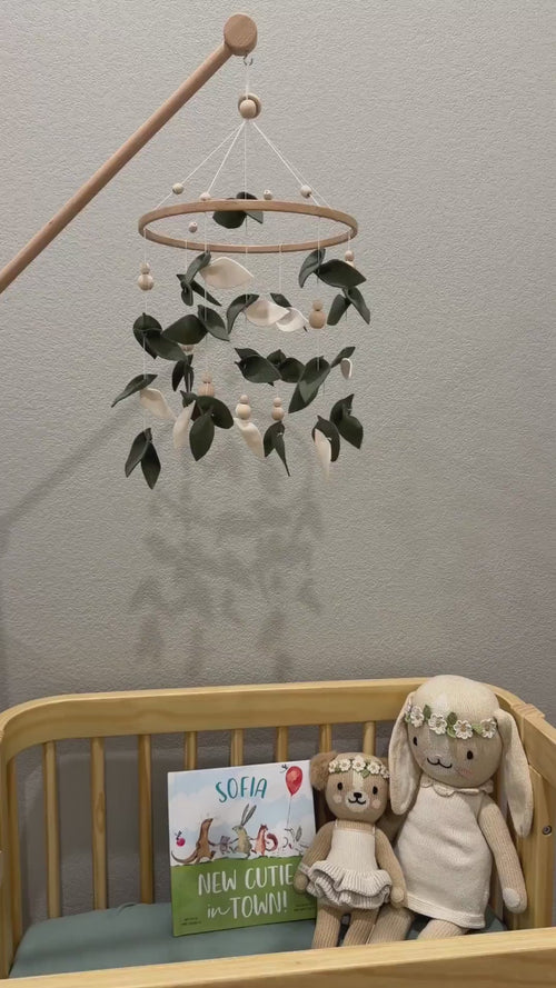 Customer review video of handmade green leaves felt mobile – eucalyptus baby crib mobile in nursery