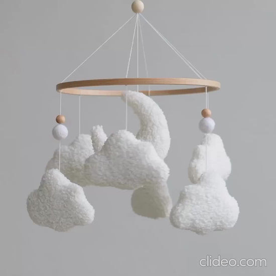 Soft boucle moon and clouds baby mobile spinning – handmade plush cloud crib mobile video