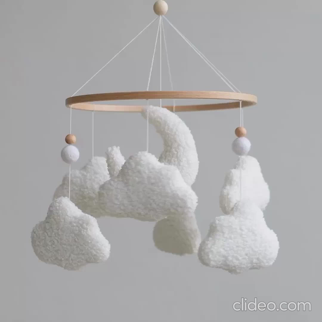 Soft boucle moon and clouds baby mobile spinning – handmade plush cloud crib mobile video