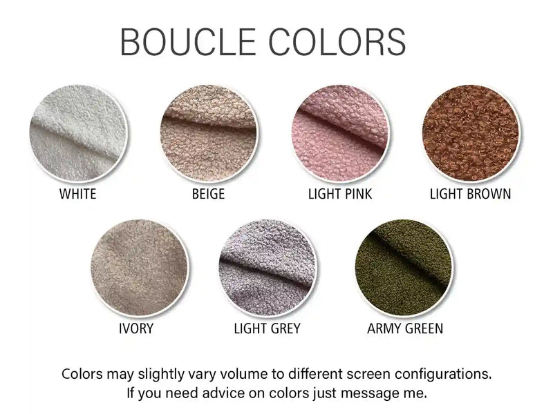 Boucle fabric color palette for custom baby mobile — white, beige, light pink, light brown, ivory, light grey and army green