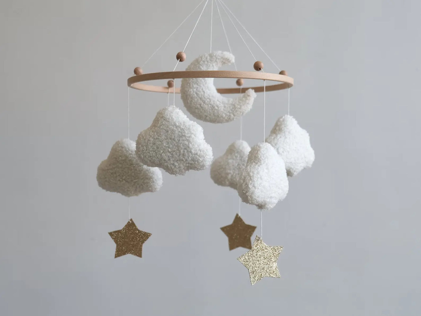 Boucle sheep and cloud baby mobile with moon accent, handmade nursery crib mobile