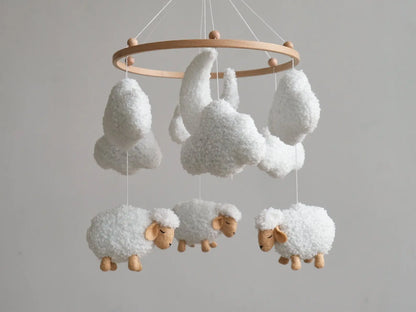 White boucle cloud baby mobile with six clouds and moon, minimalist nursery crib mobile