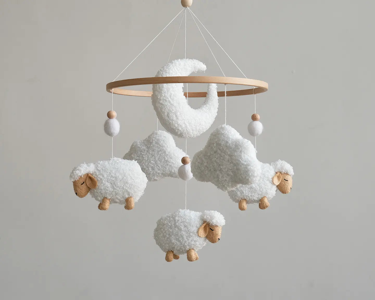 Soft baby mobile with white boucle sheep moon and clouds on wooden ring