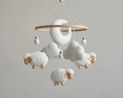 Soft baby mobile with white boucle sheep moon and clouds on wooden ring