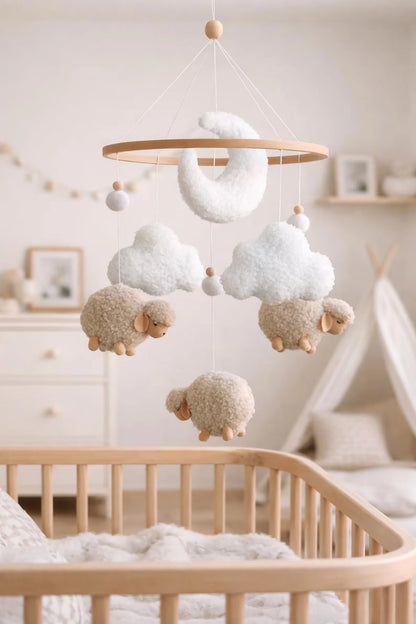 Boucle sheep and cloud baby mobile hanging above wooden crib in neutral nursery