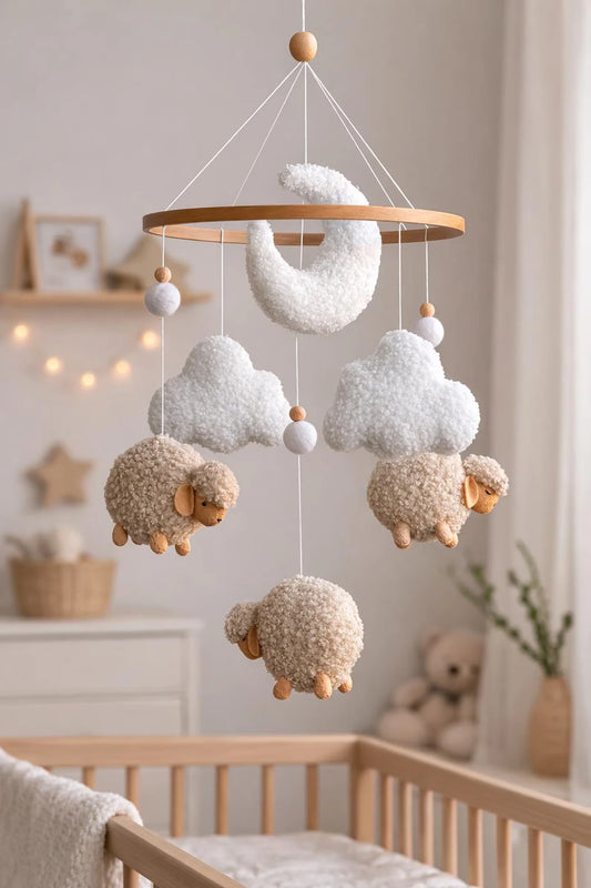 Soft baby mobile with beige boucle sheep and clouds above crib in cozy nursery