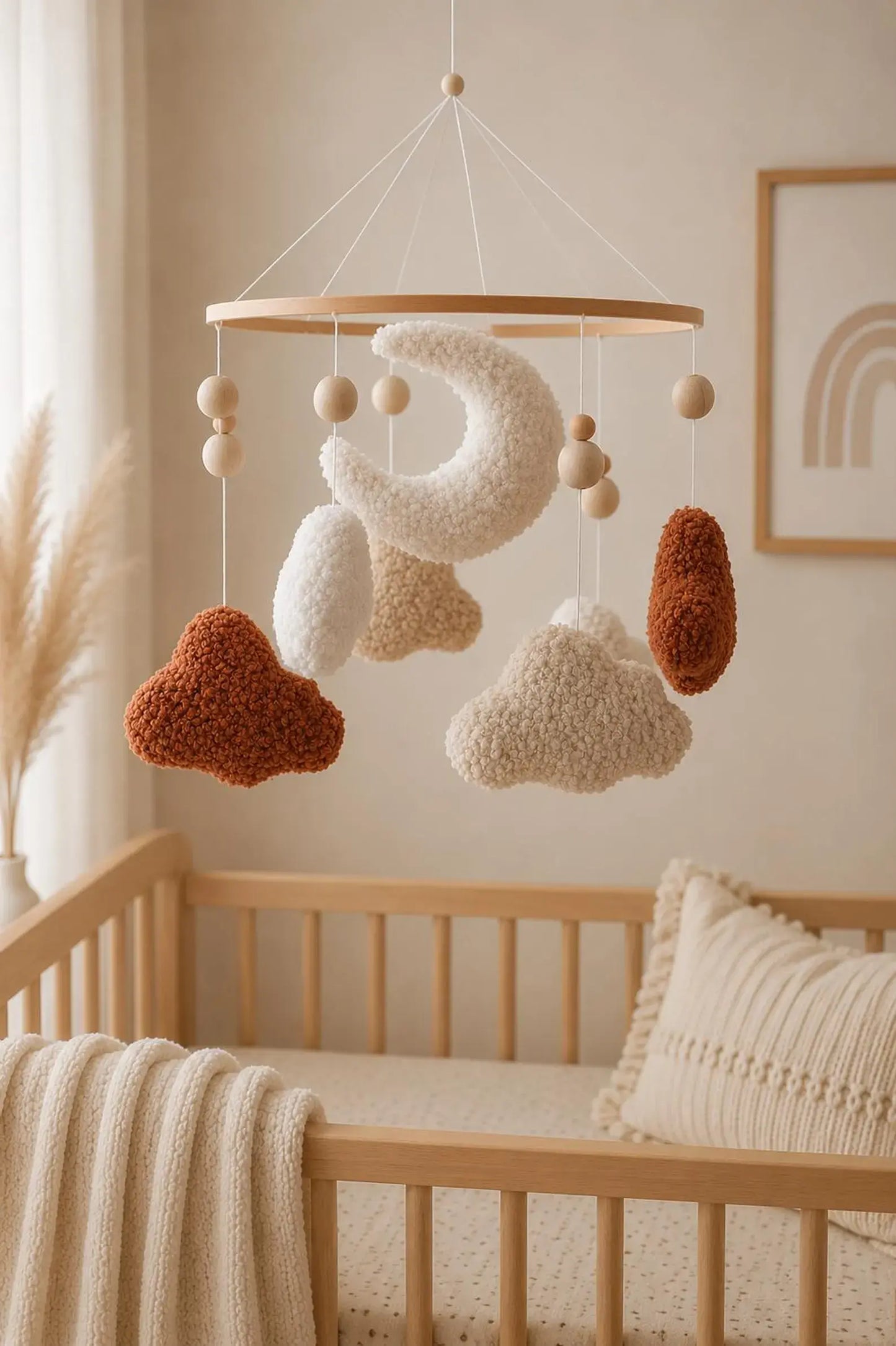 Soft baby mobile with boucle moon and clouds above crib in boho nursery with pampas grass