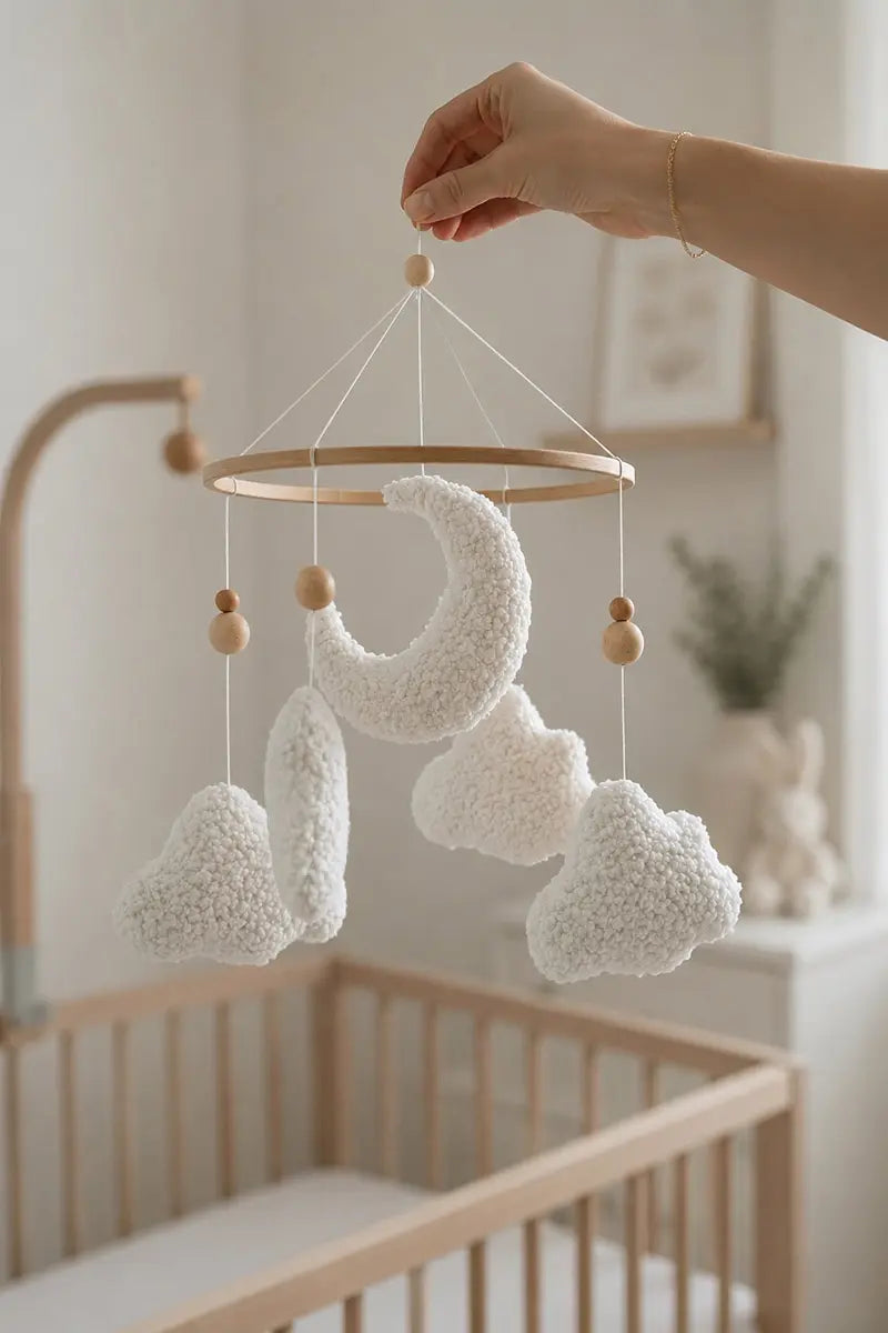 Soft baby mobile with white boucle clouds and moon on wooden ring held above nursery crib