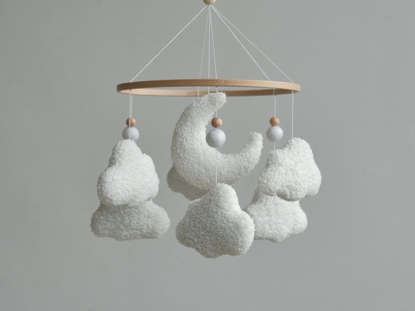 Soft boucle moon and cloud baby mobile – handmade plush crib mobile with textured white clouds and wooden hoop