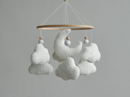 Soft boucle moon and cloud baby mobile – handmade plush crib mobile with textured white clouds and wooden hoop