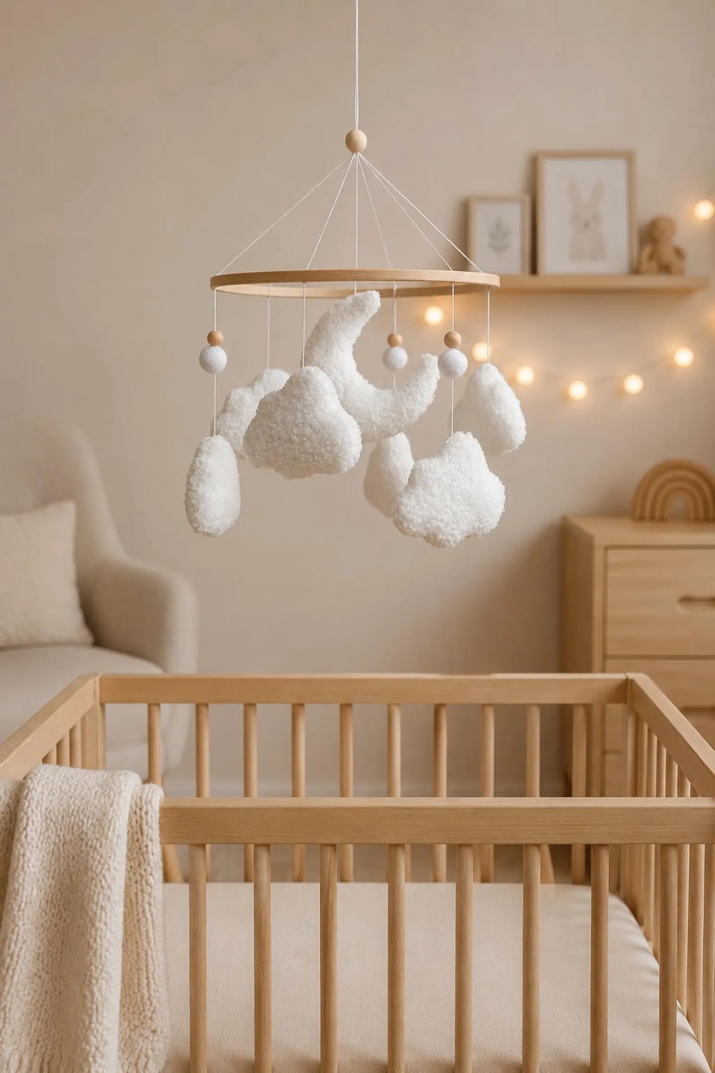 Soft boucle moon and cloud mobile over wooden crib – cozy neutral nursery decor with fairy lights