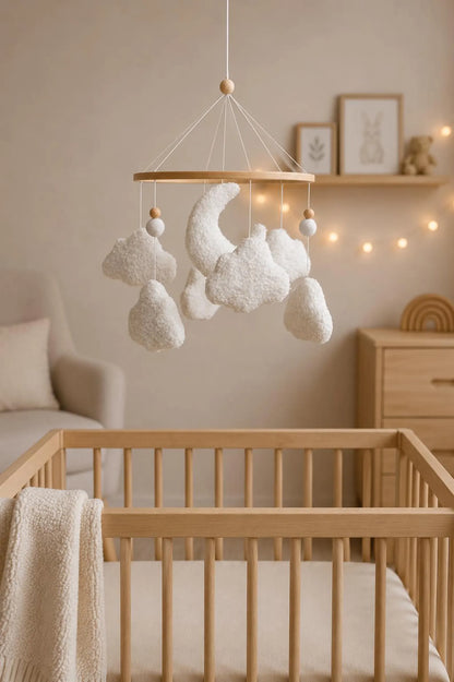 Plush cloud and moon baby mobile in neutral nursery – soft boucle crib mobile over wooden crib