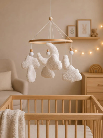 Soft boucle moon and clouds baby mobile in warm nursery – textured plush crib mobile with wooden beads