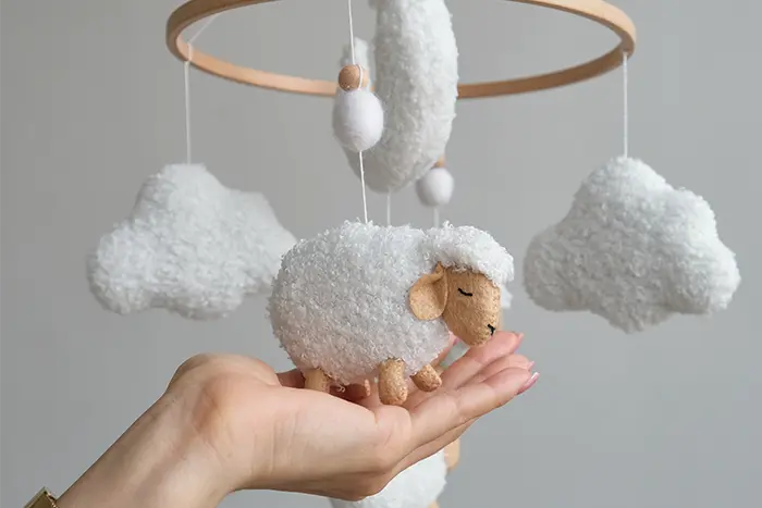 Soft boucle sheep baby mobile with moon and clouds – handmade white lamb nursery crib mobile