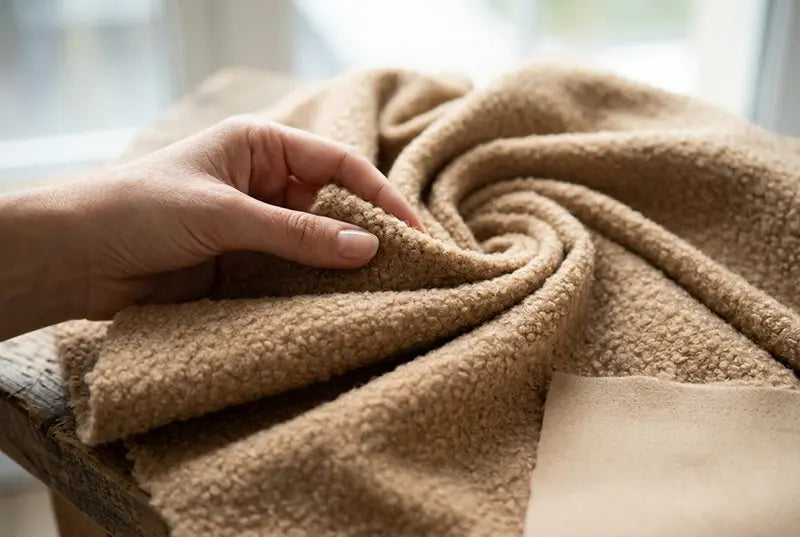 Close-up of soft beige bouclé fabric being held by hand, showing the textured material used for handmade nursery decor and baby room products.