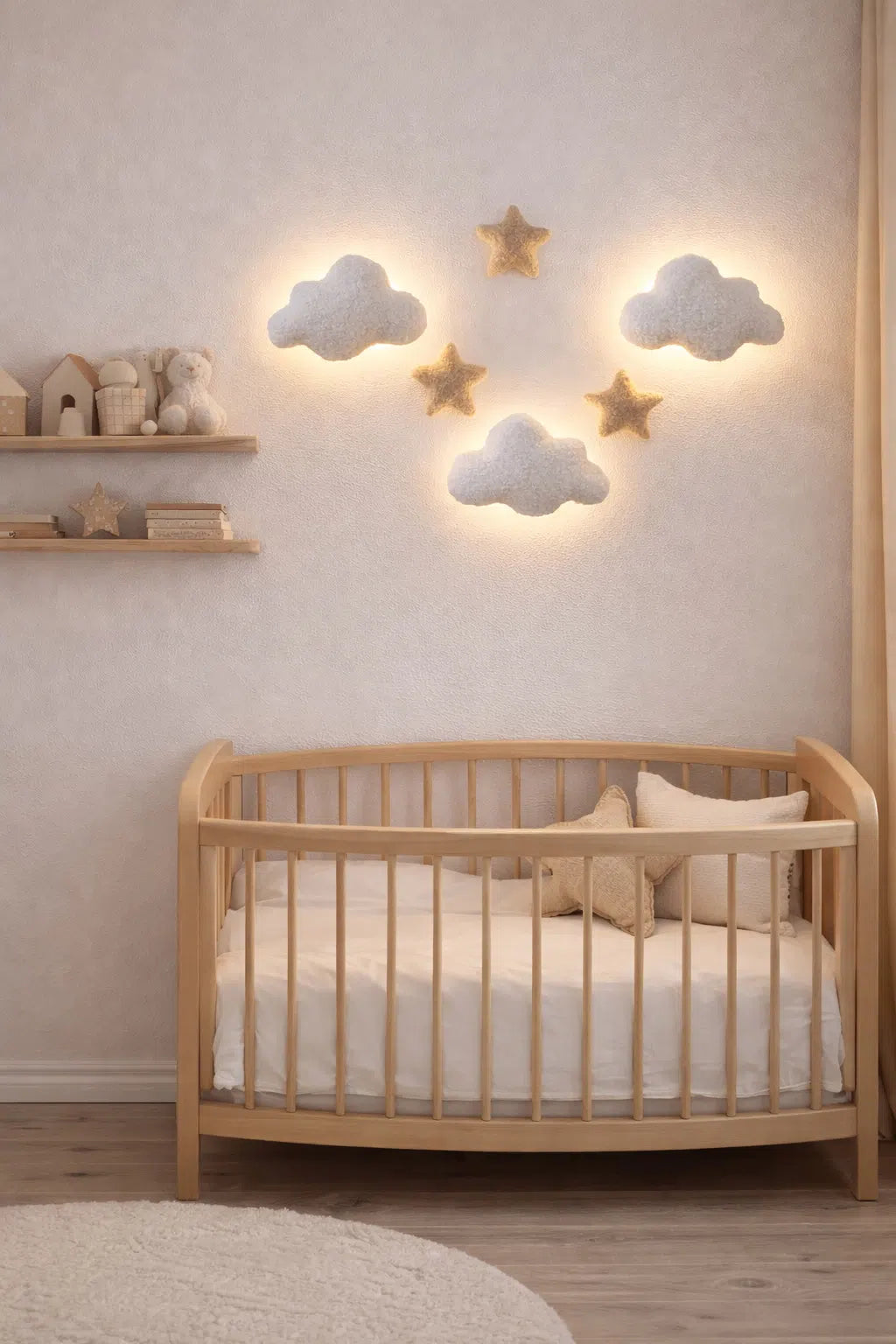 Star and cloud night light set above wooden nursery crib – 3 glowing boucle clouds with decorative stars on neutral wall